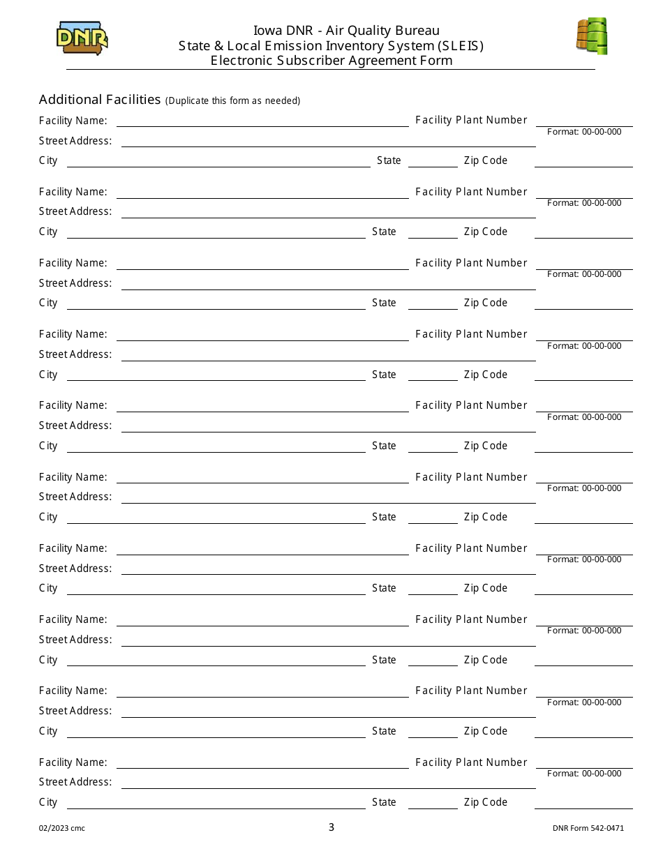 DNR Form 542-0471 State  Local Emission Inventory System (Sleis) Electronic Subscriber Agreement Form - Iowa, Page 3