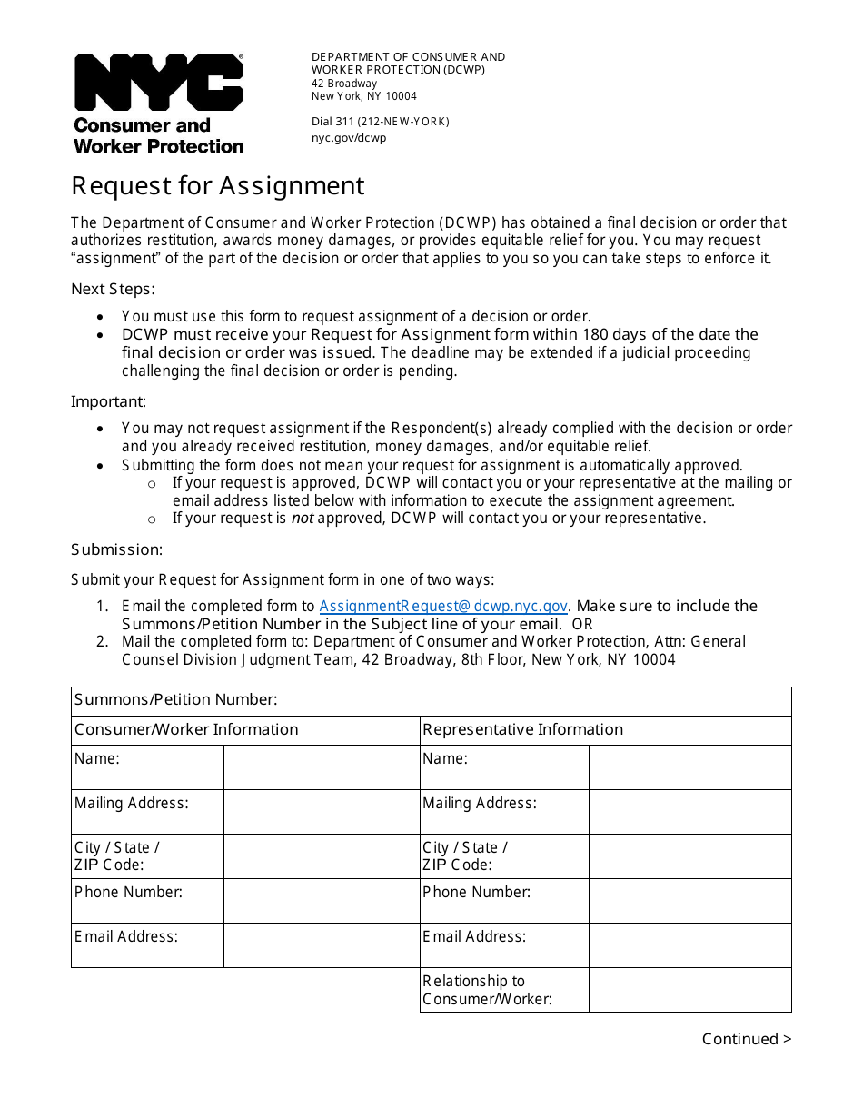 Request for Assignment - New York City, Page 1
