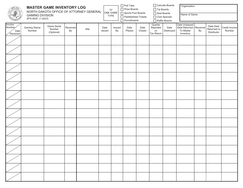 Form SFN9935 Master Game Inventory Log - North Dakota, Page 1