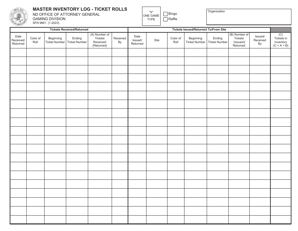 Form SFN9861 Master Inventory Log - Ticket Rolls - North Dakota, Page 1