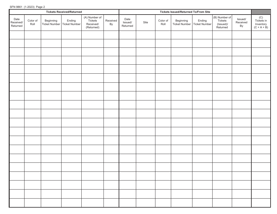 Form SFN9861 Master Inventory Log - Ticket Rolls - North Dakota, Page 2