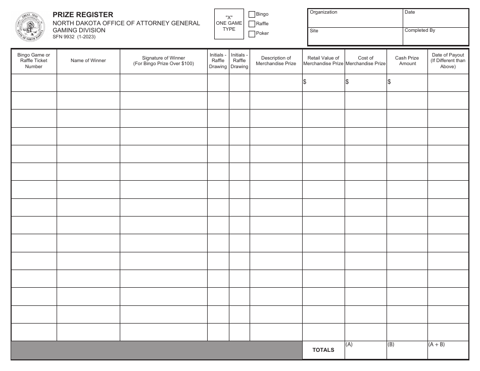 Form SFN9932 Prize Register - North Dakota, Page 1