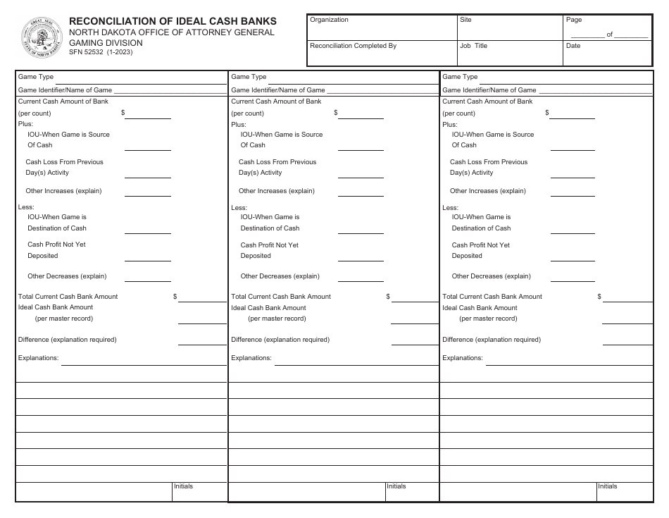 Form SFN52532 Reconciliation of Ideal Cash Banks - North Dakota, Page 1