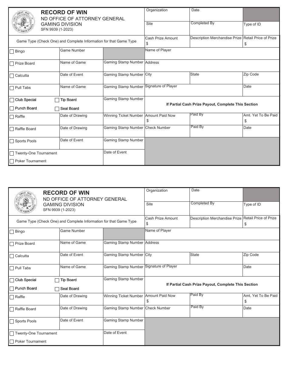 Form SFN9939 Record of Win - North Dakota, Page 1