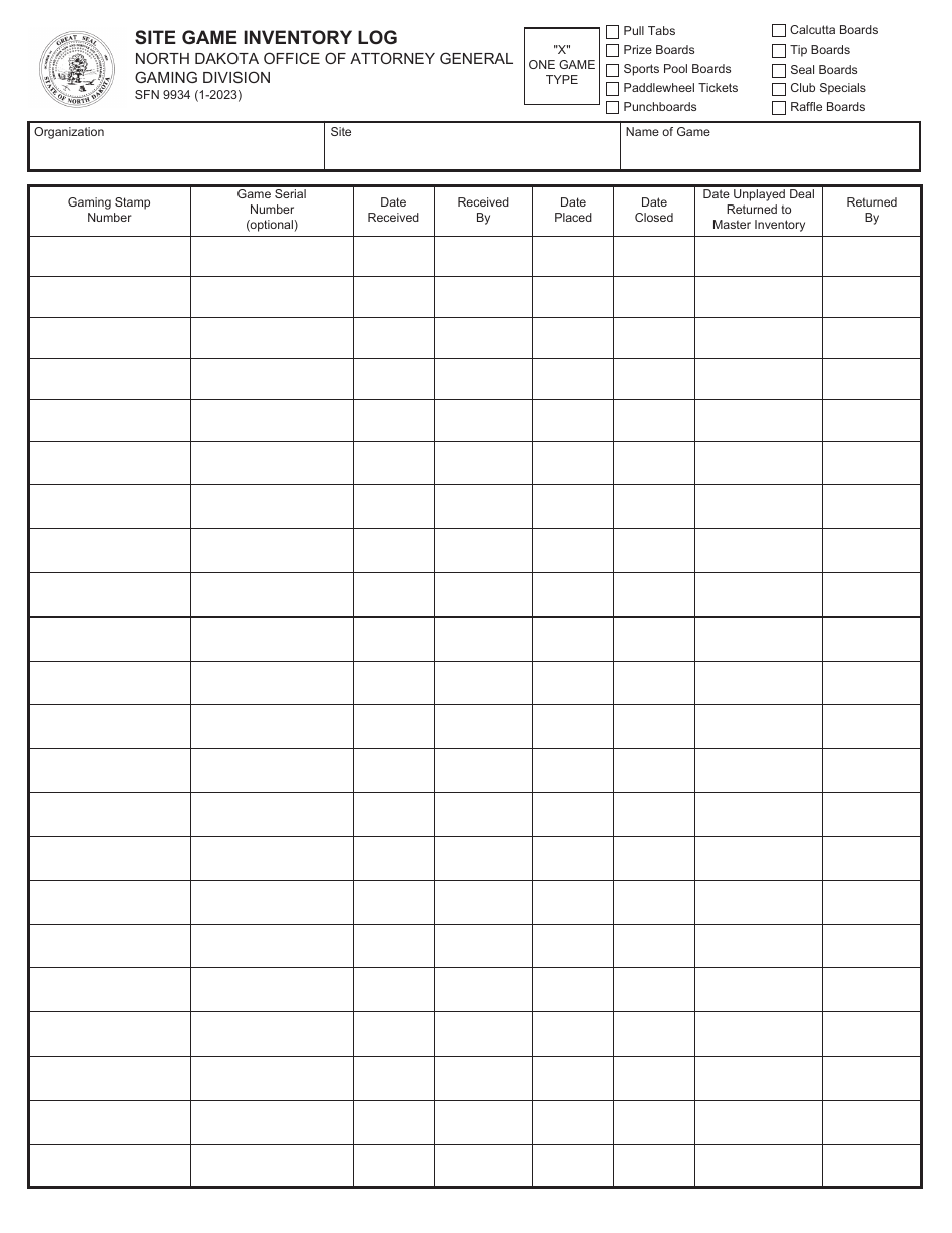 Form SFN9934 Site Game Inventory Log - North Dakota, Page 1