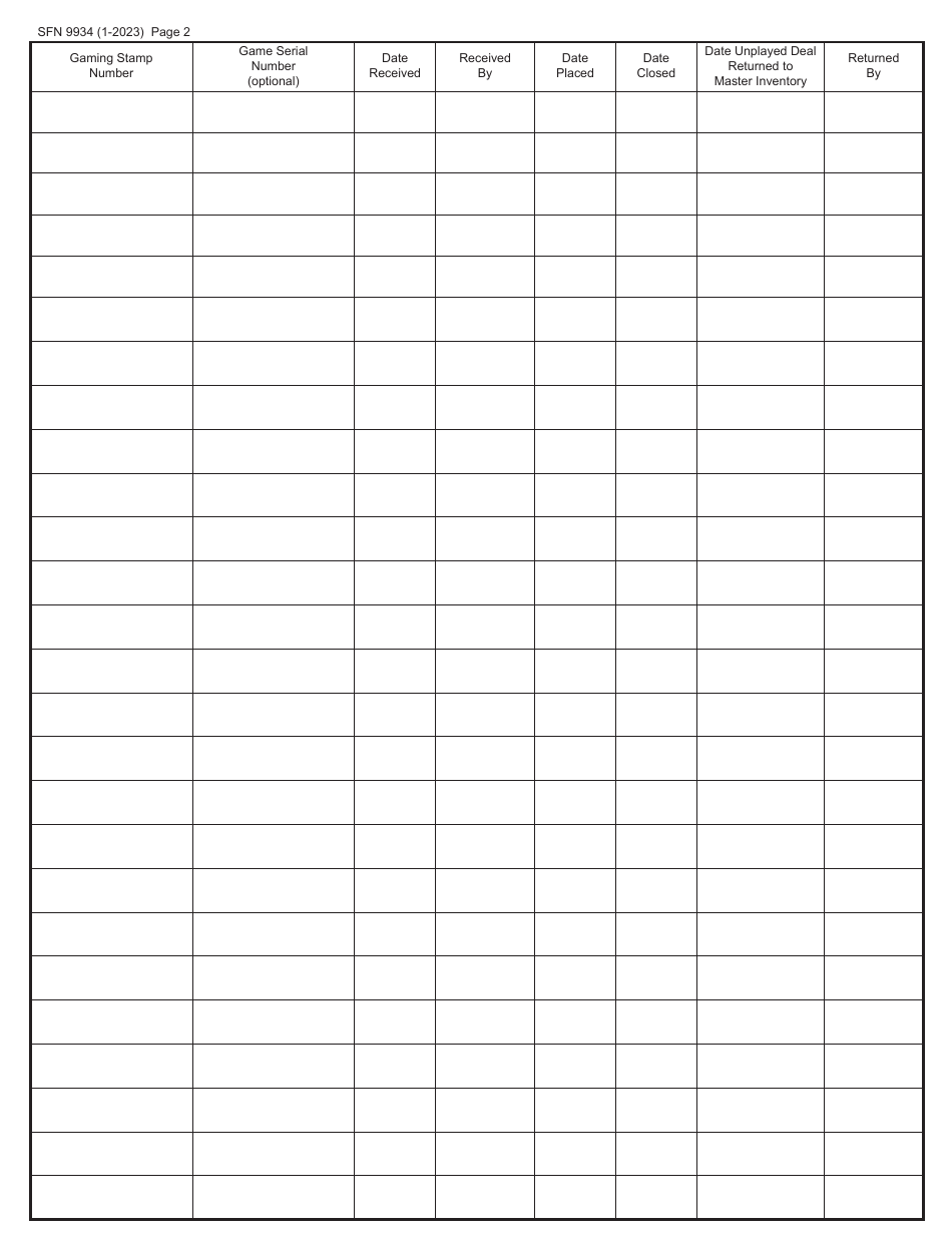 Form SFN9934 Site Game Inventory Log - North Dakota, Page 2
