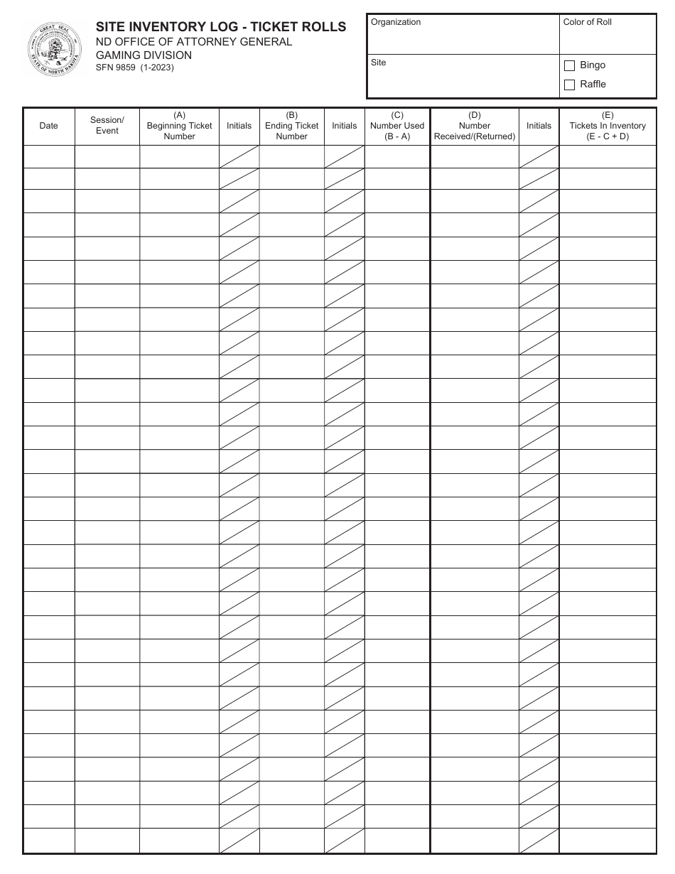 Form SFN9859 Site Inventory Log - Ticket Rolls - North Dakota, Page 1