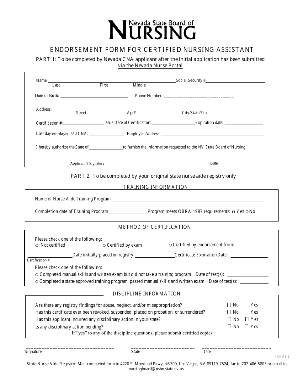 Endorsement Form for Certified Nursing Assistant - Nevada, Page 2