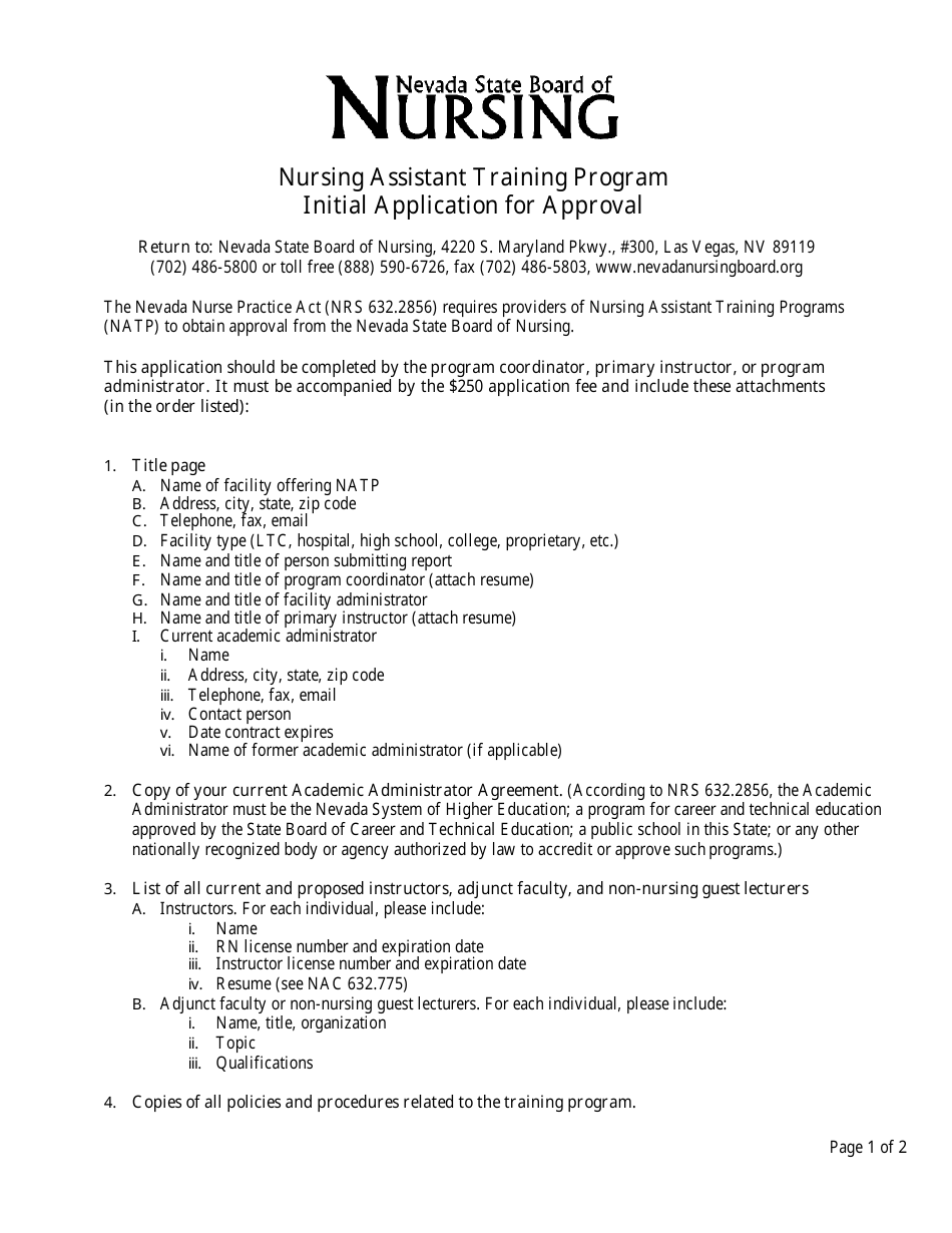 Initial Application for Approval - Nursing Assistant Training Program - Nevada, Page 1