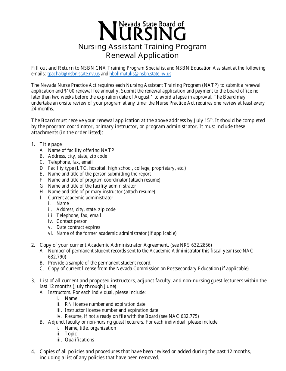 Nursing Assistant Training Program Renewal Application - Nevada, Page 1