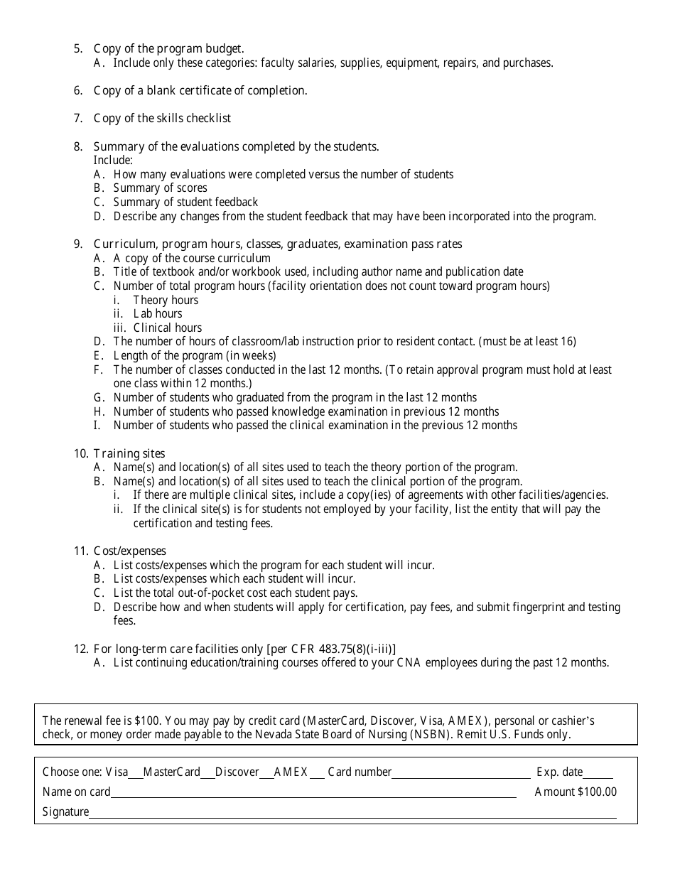 Nursing Assistant Training Program Renewal Application - Nevada, Page 2