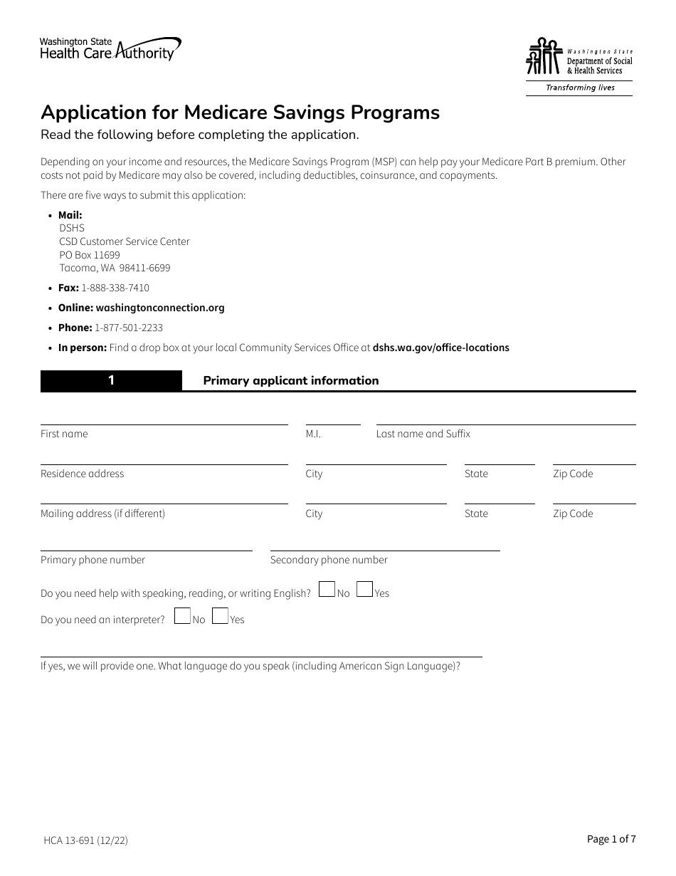 Form HCA13-691 Application for Medicare Savings Programs - Washington, Page 1