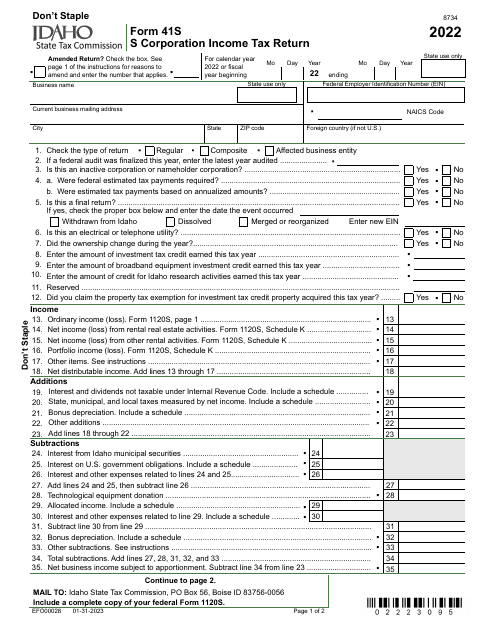 Form 41S (EFO00028) S Corporation Income Tax Return - Idaho, 2022