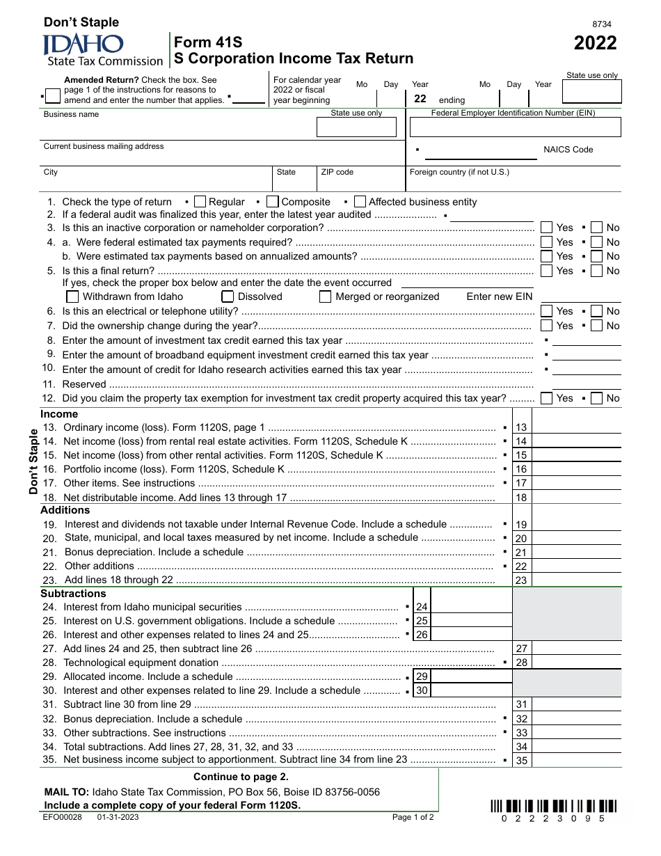 Form 41S (EFO00028) S Corporation Income Tax Return - Idaho, Page 1