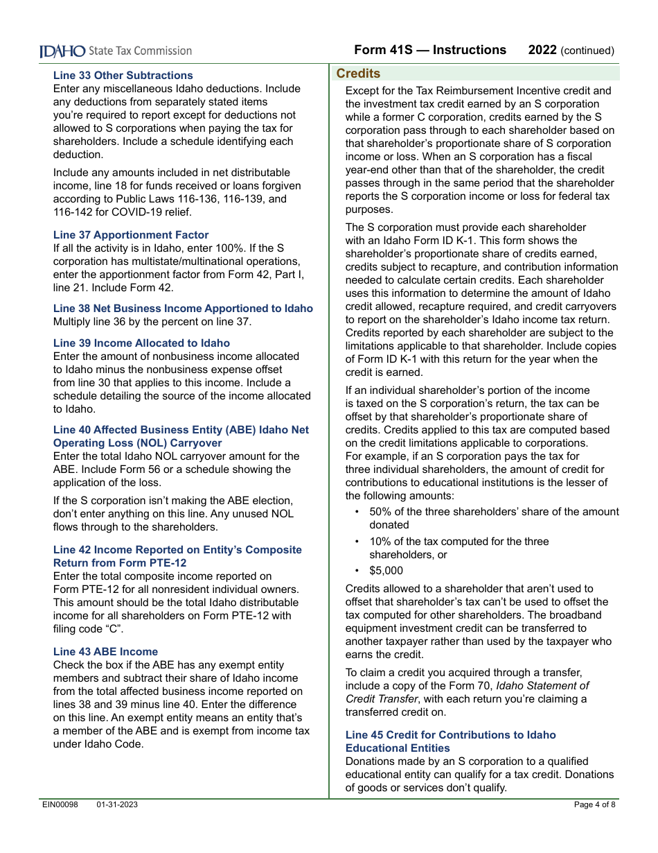 Form 41S (EFO00028) S Corporation Income Tax Return - Idaho, Page 6