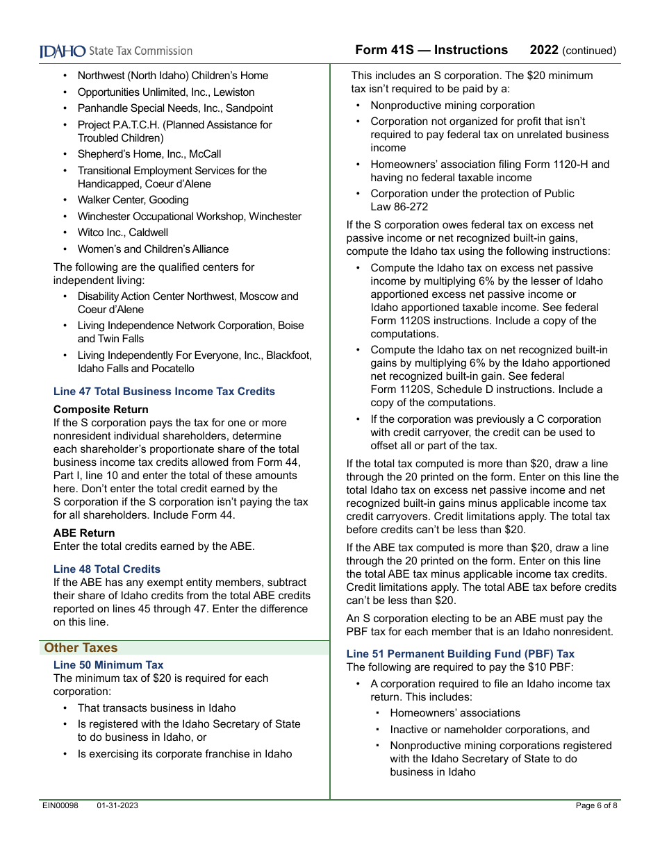 Form 41S (EFO00028) S Corporation Income Tax Return - Idaho, Page 8