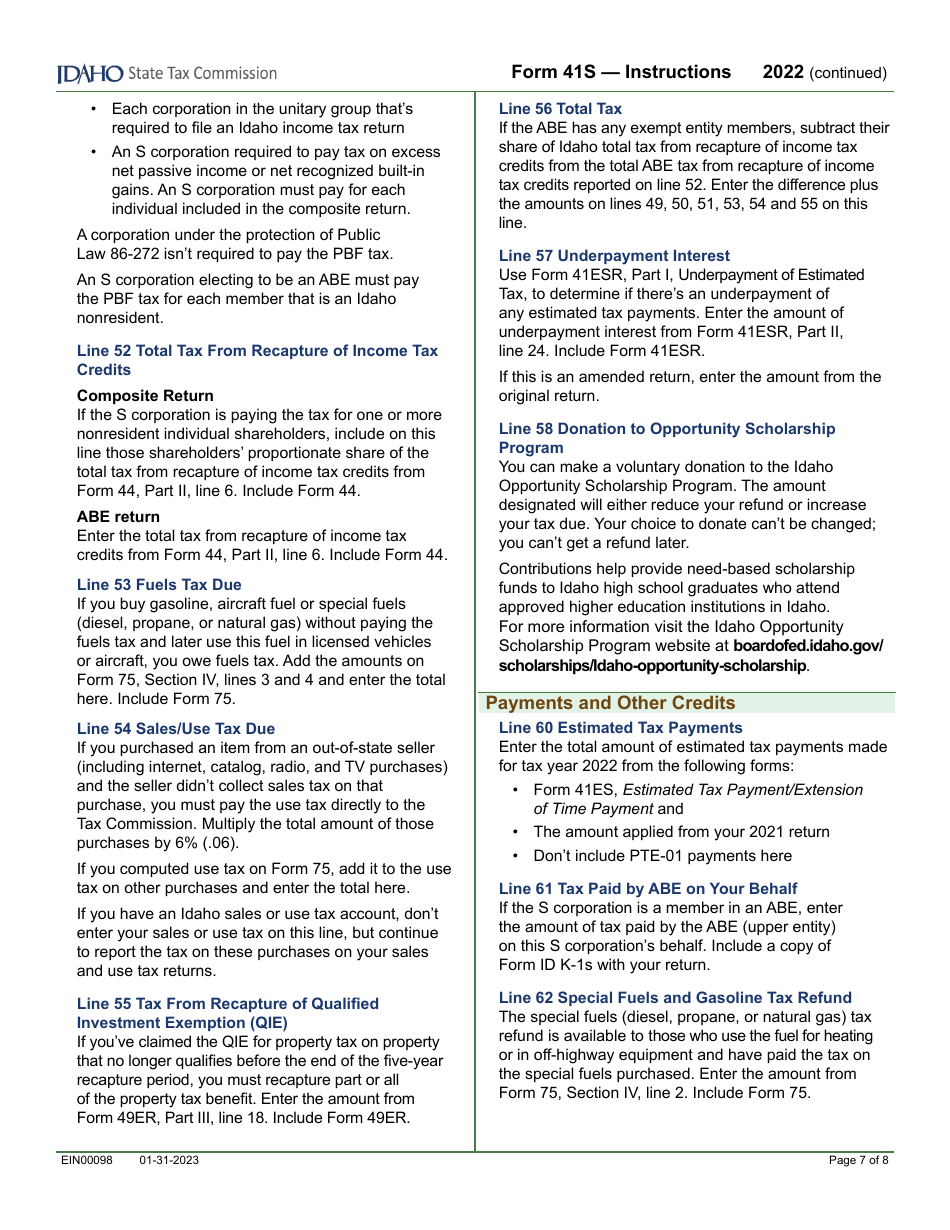 Form 41S (EFO00028) S Corporation Income Tax Return - Idaho, Page 9