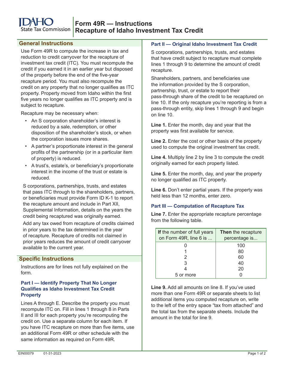 Form 49R (EFO00033) Recapture of Idaho Investment Tax Credit - Idaho, Page 2