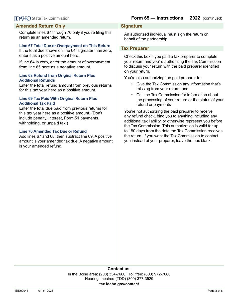 Form 65 (EFO00035) Partnership Return of Income - Idaho, Page 10