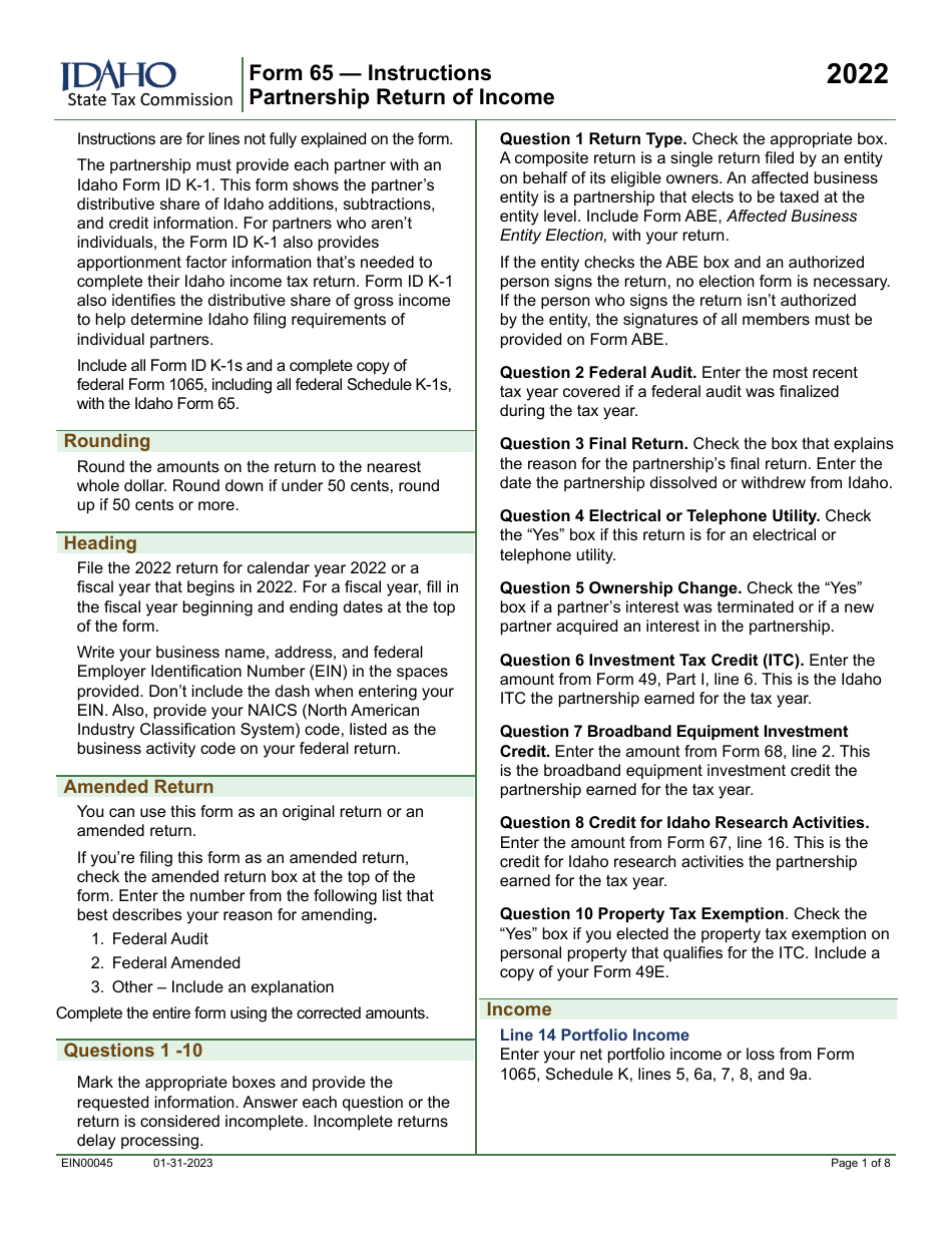 Form 65 (EFO00035) Partnership Return of Income - Idaho, Page 3