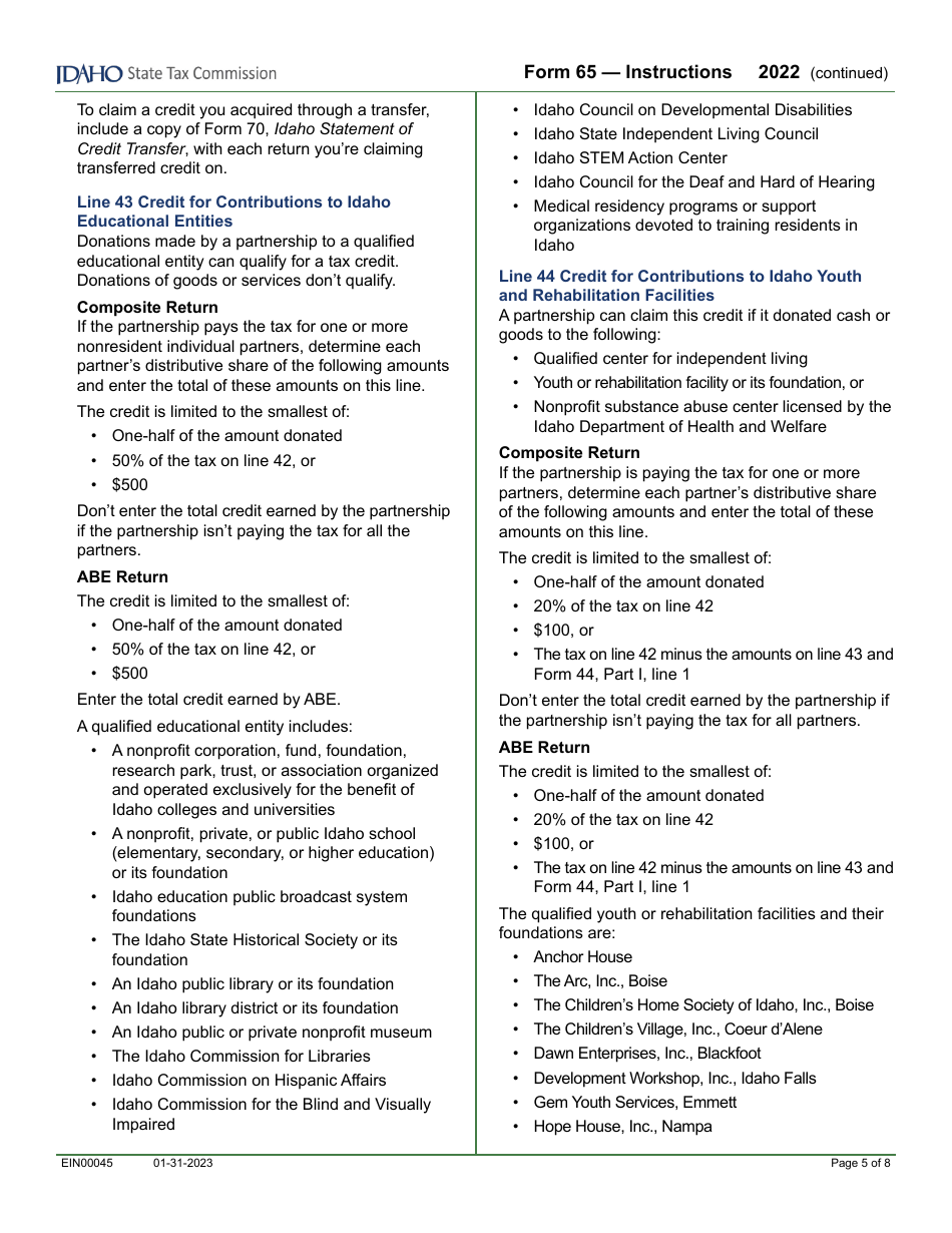 Form 65 (EFO00035) Partnership Return of Income - Idaho, Page 7
