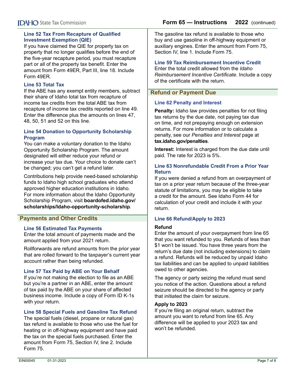 Form 65 (EFO00035) Partnership Return of Income - Idaho, Page 9