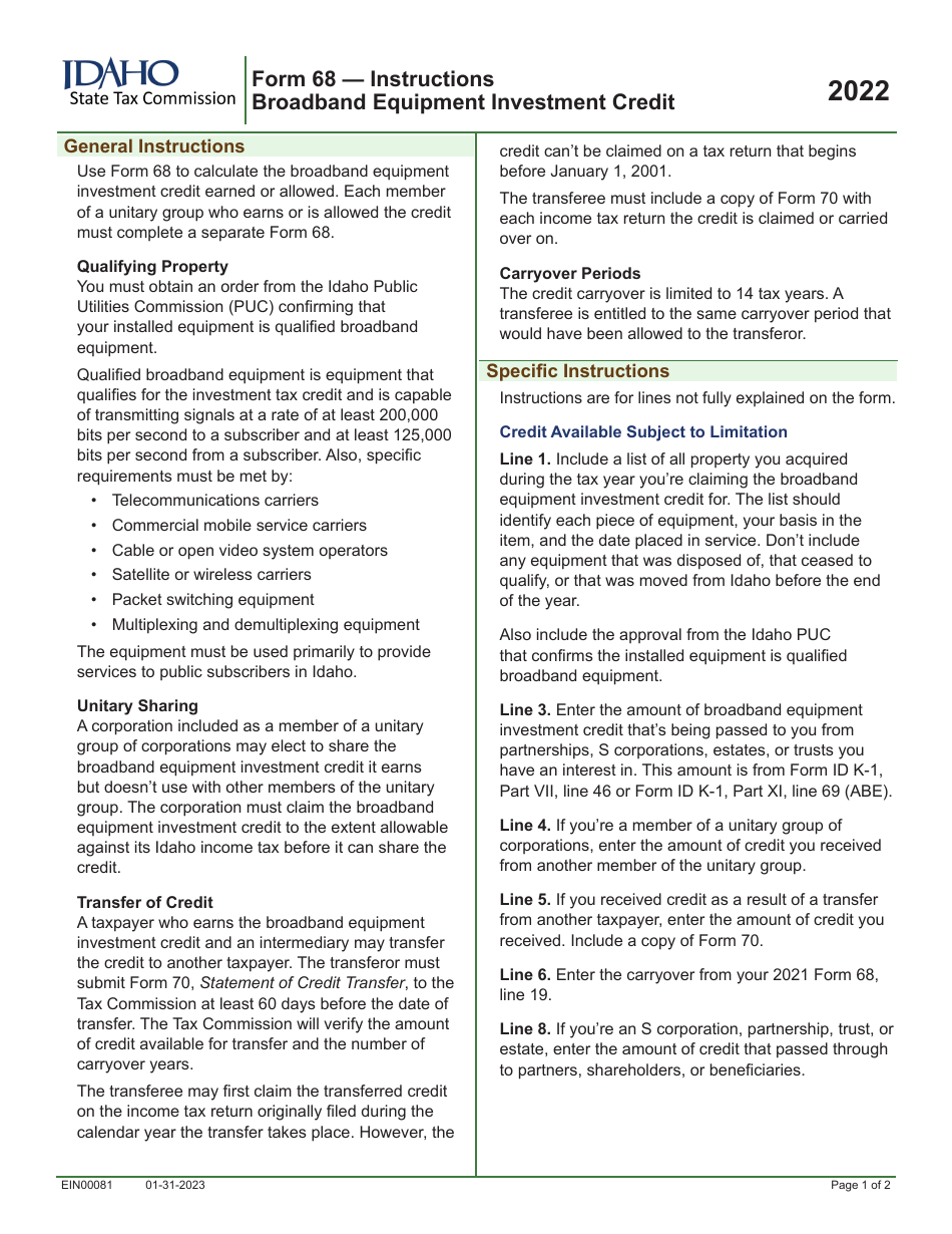 Form 68 (EFO00038) Broadband Equipment Investment Credit - Idaho, Page 2