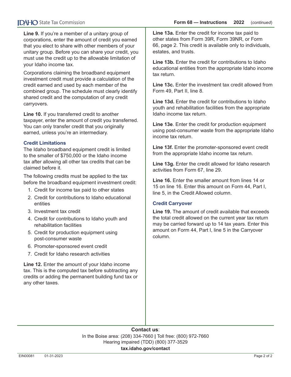 Form 68 (EFO00038) Broadband Equipment Investment Credit - Idaho, Page 3
