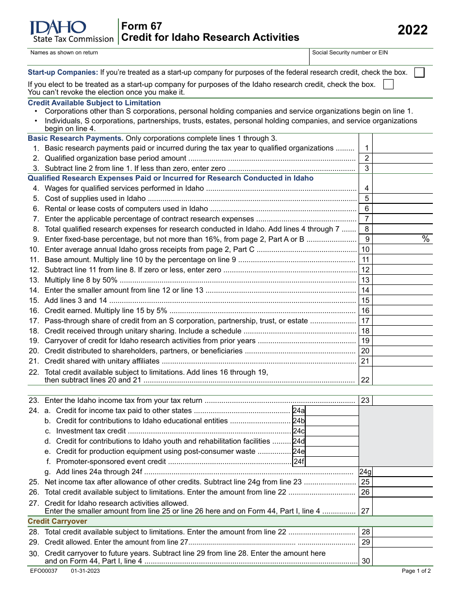 Form 67 (EFO00037) Credit for Idaho Research Activities - Idaho, Page 1