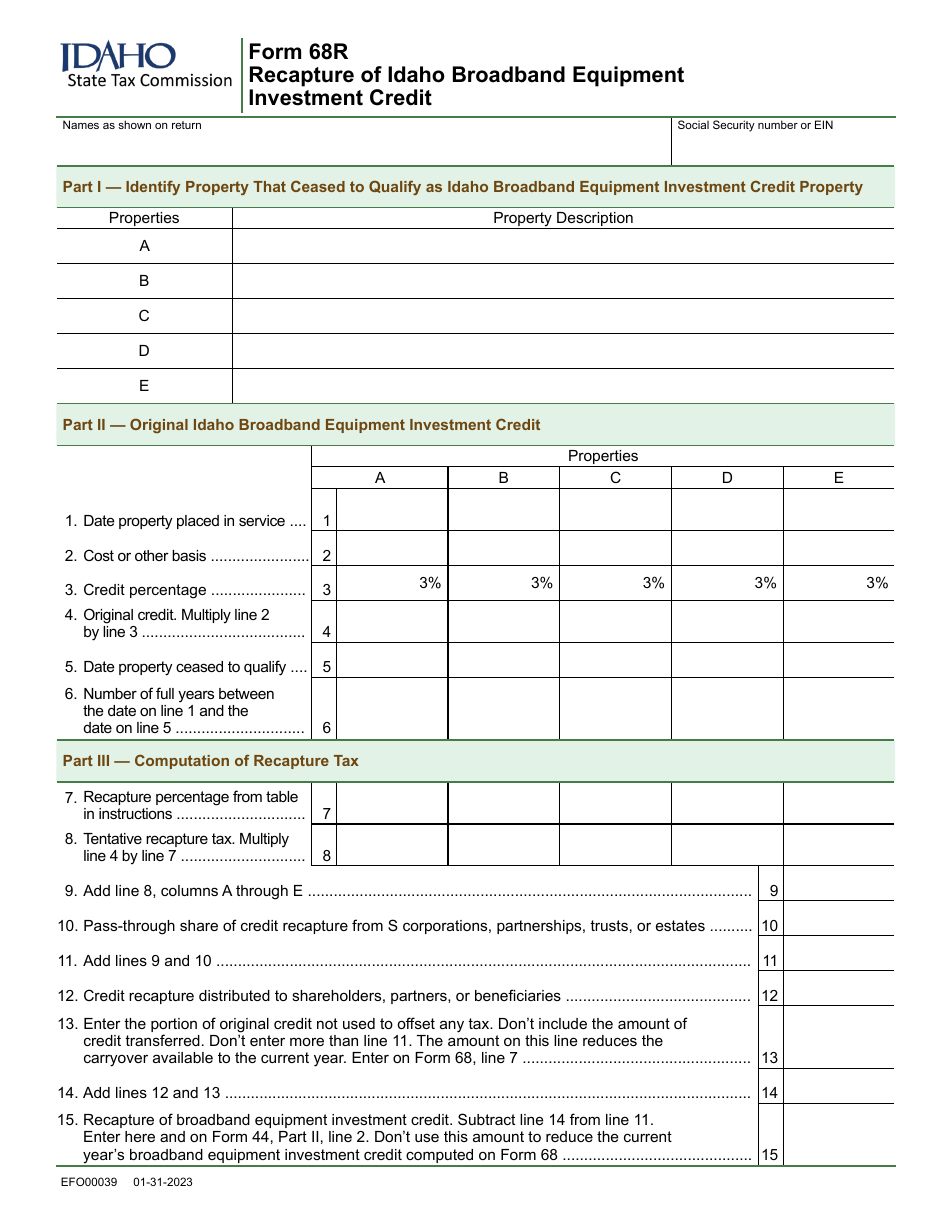 Form 68R (EFO00039) Recapture of Idaho Broadband Equipment Investment Credit - Idaho, Page 1