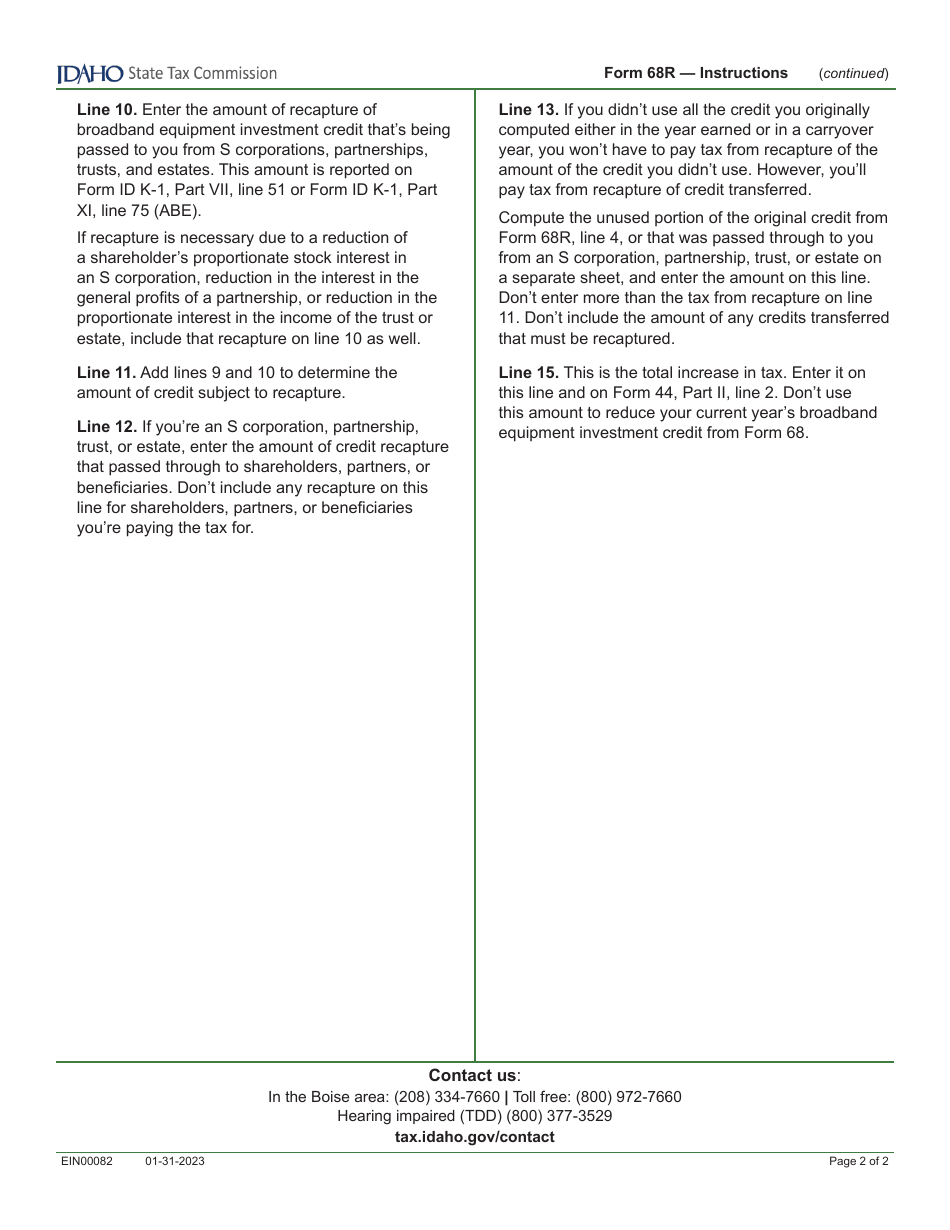 Form 68R (EFO00039) Recapture of Idaho Broadband Equipment Investment Credit - Idaho, Page 3