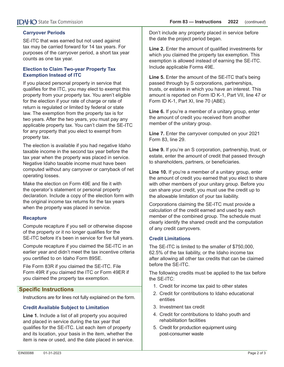 Form 83 (EFO00011) Small Employer Investment Tax Credit - Idaho, Page 3