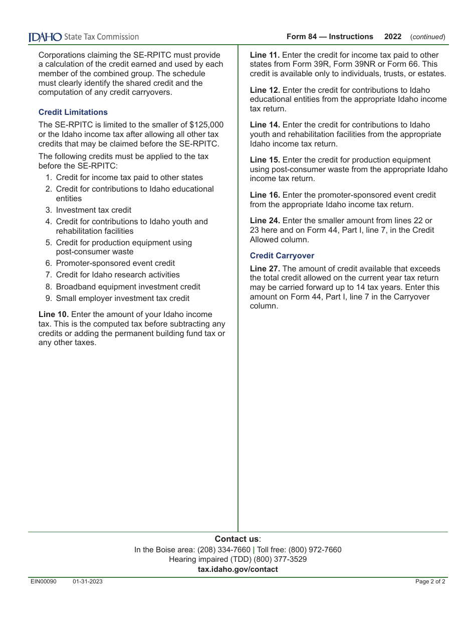 Form 84 (EFO00010) Small Employer Real Property Improvement Tax Credit - Idaho, Page 3