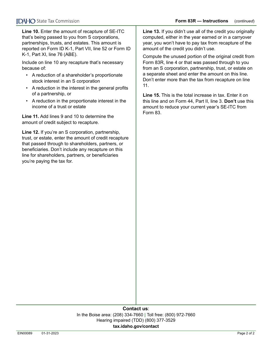 Form 83R (EFO00012) Recapture of Idaho Small Employer Investment Tax Credit - Idaho, Page 3
