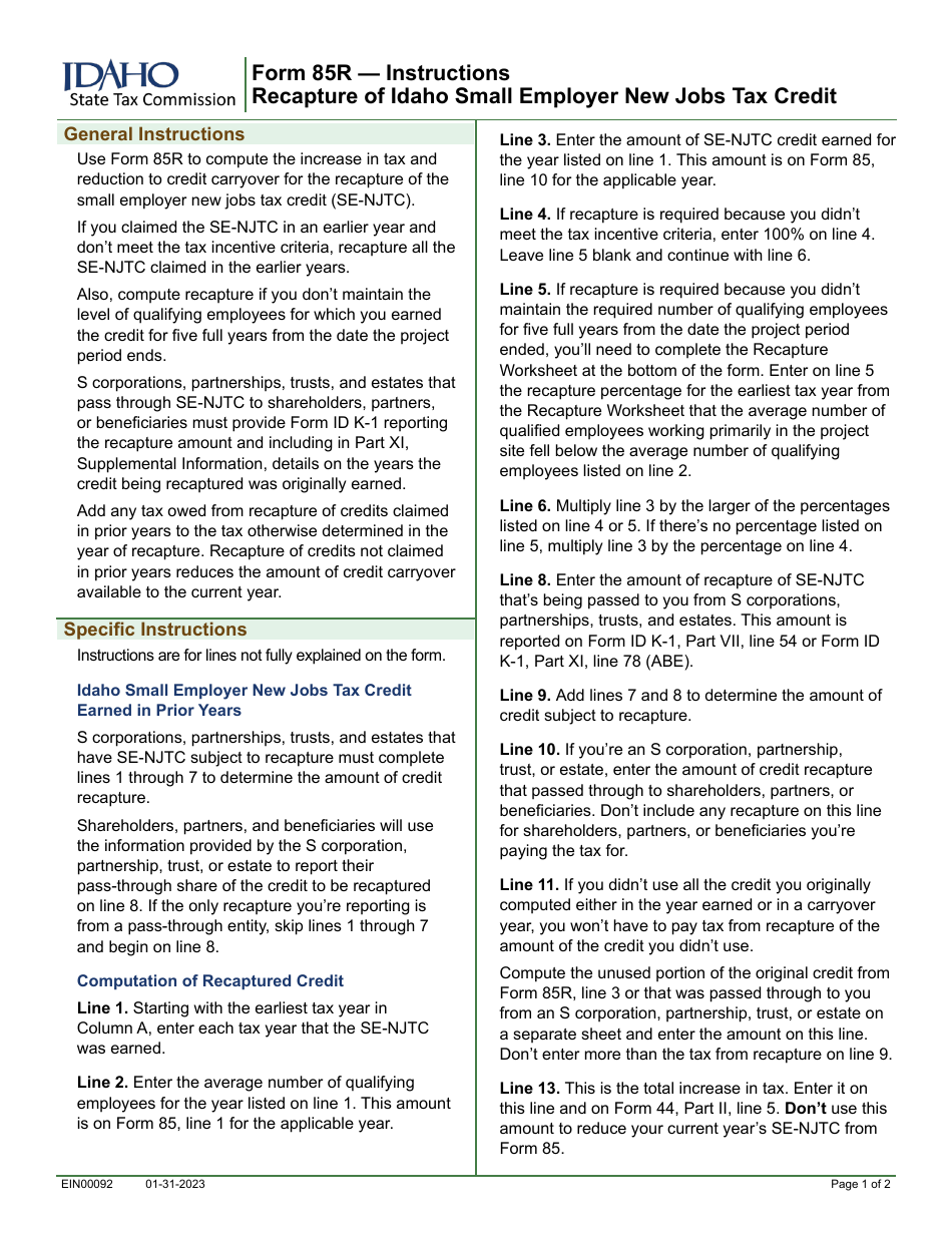 Form 85R (EFO00019) Recapture of Idaho Small Employer New Jobs Tax Credit - Idaho, Page 2
