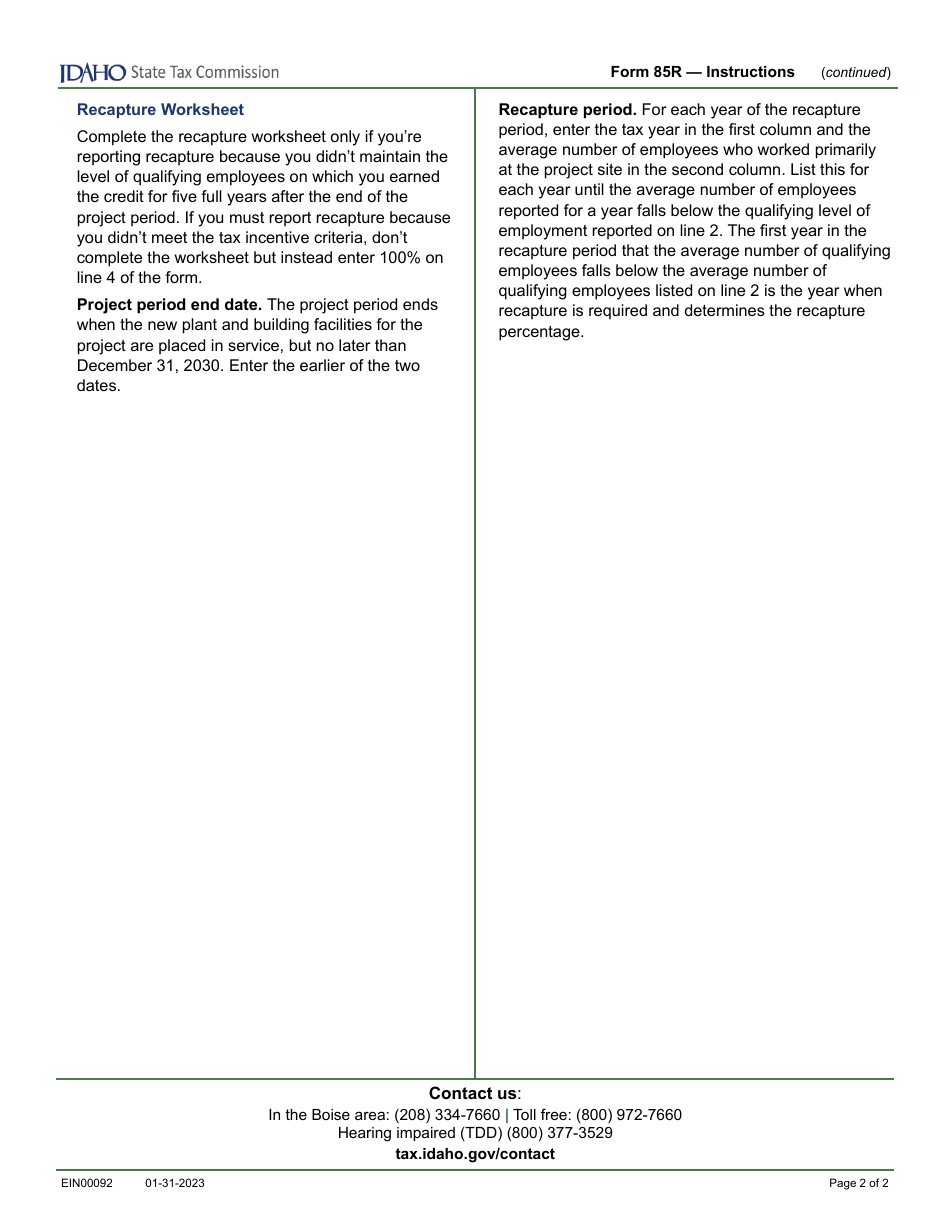 Form 85R (EFO00019) Recapture of Idaho Small Employer New Jobs Tax Credit - Idaho, Page 3