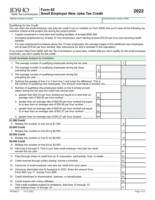 Form 85 (EFO00017) Small Employer New Jobs Tax Credit - Idaho, 2022