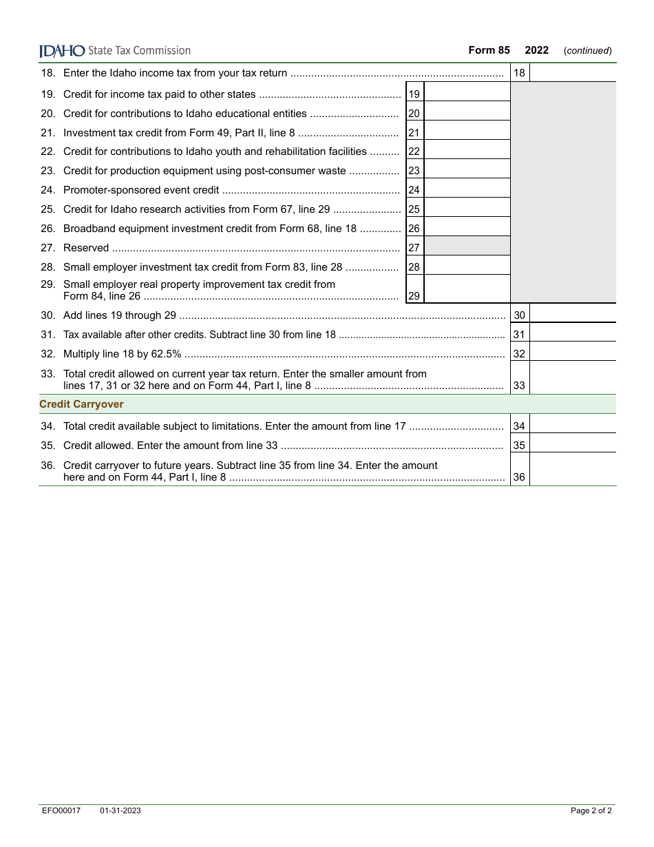 Form 85 (EFO00017) Small Employer New Jobs Tax Credit - Idaho, Page 2
