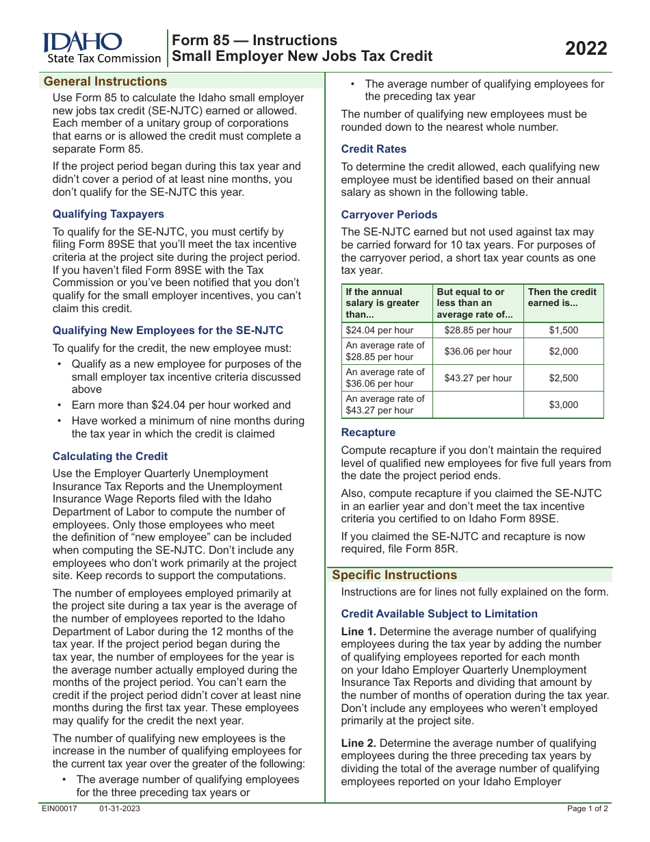 Form 85 (EFO00017) Small Employer New Jobs Tax Credit - Idaho, Page 3