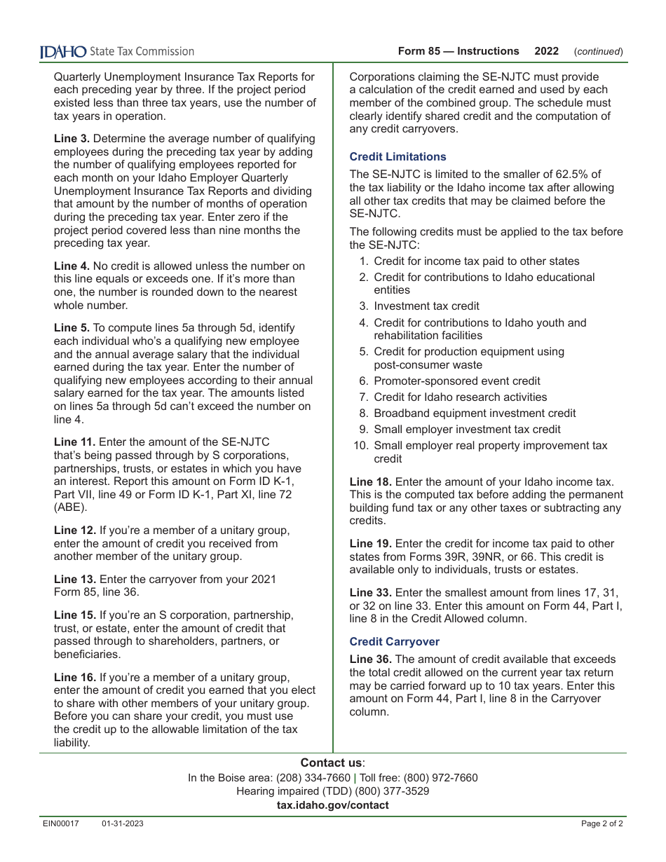 Form 85 (EFO00017) Small Employer New Jobs Tax Credit - Idaho, Page 4