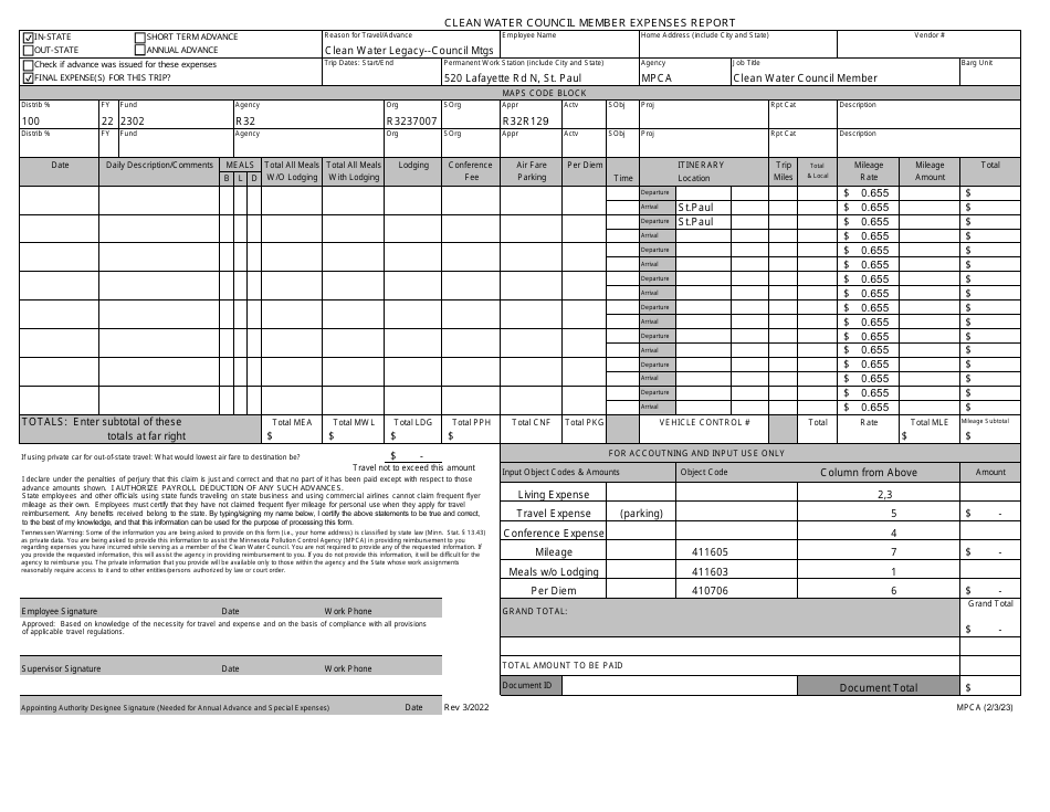 Form MPCA Clean Water Council Member Expenses Report - Minnesota, Page 1
