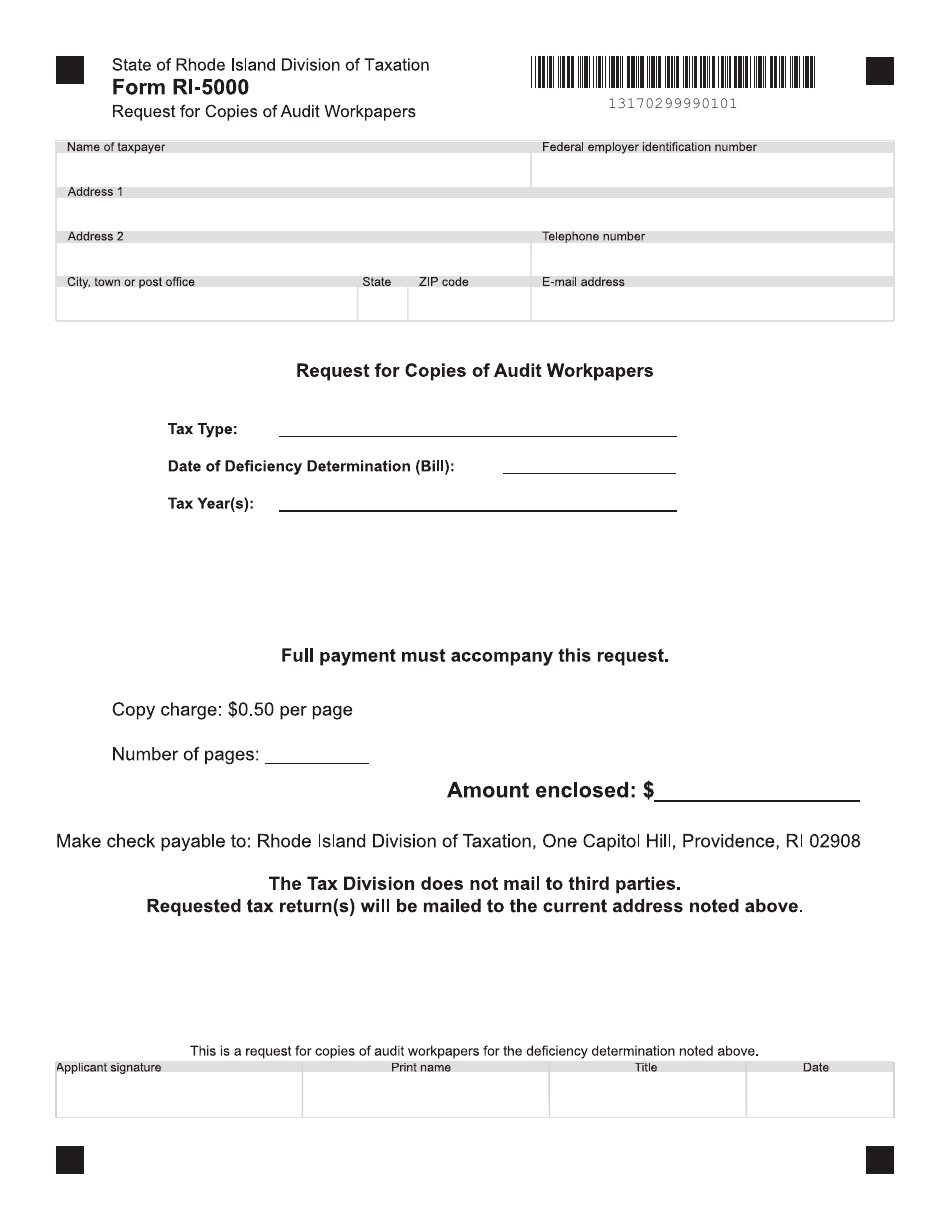 Form RI-5000 Request for Copies of Audit Workpapers - Rhode Island, Page 1