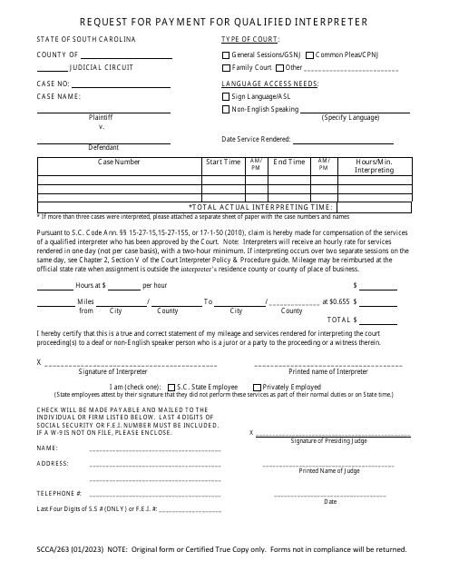 Form SCCA/263 Request for Payment for Qualified Interpreter - South Carolina