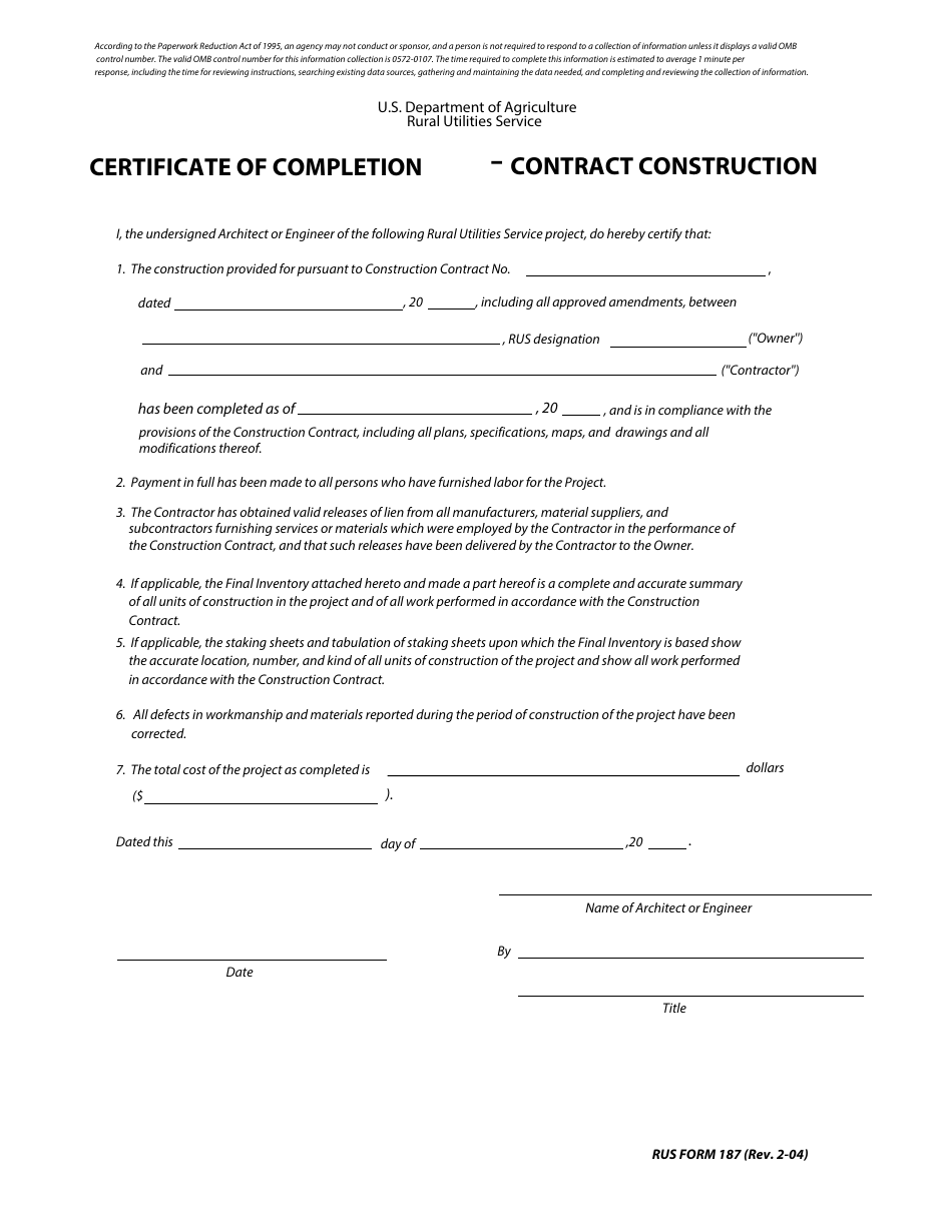 RUS Form 187 Certificate of Completion - Contract Construction, Page 1