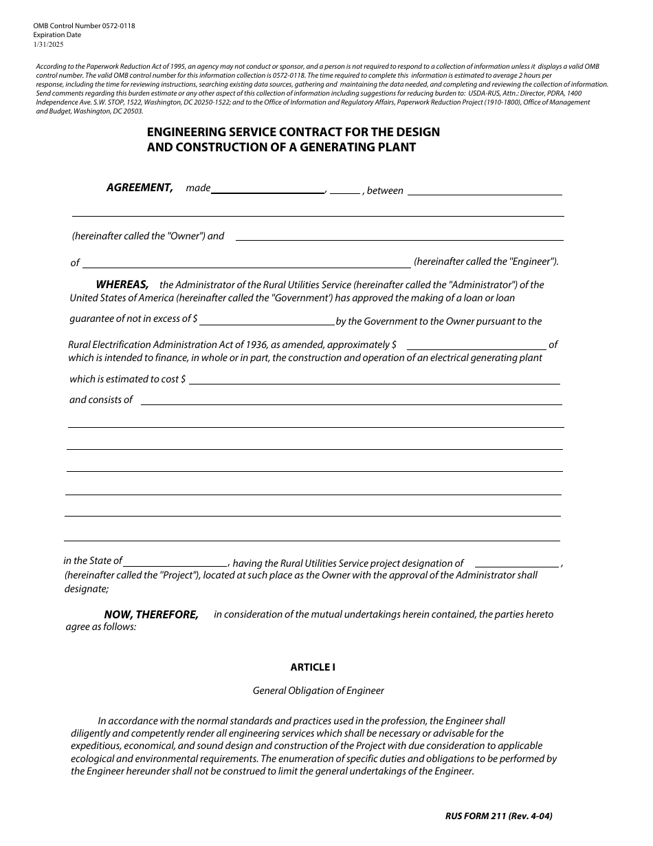 RUS Form 211 Engineering Service Contract for the Design and Construction of a Generating Plant, Page 1