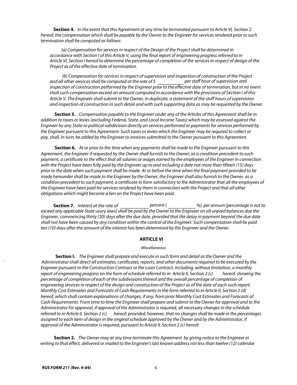 RUS Form 211 Engineering Service Contract for the Design and Construction of a Generating Plant, Page 6