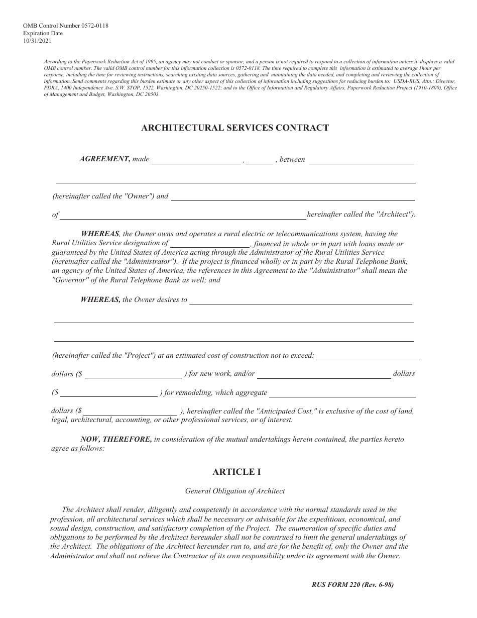 RUS Form 220 Architectural Services Contract, Page 1