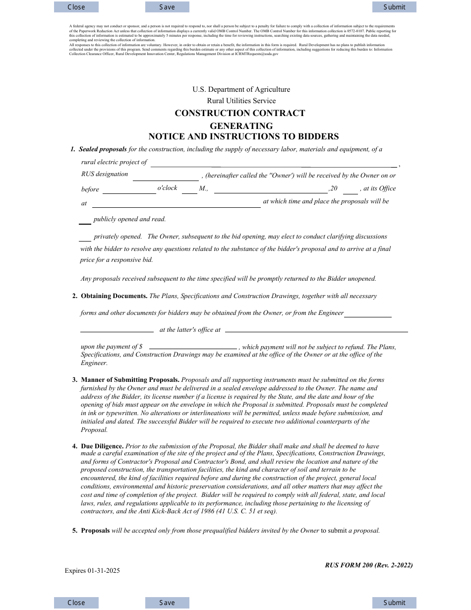 RUS Form 200 Construction Contract Generating, Page 1