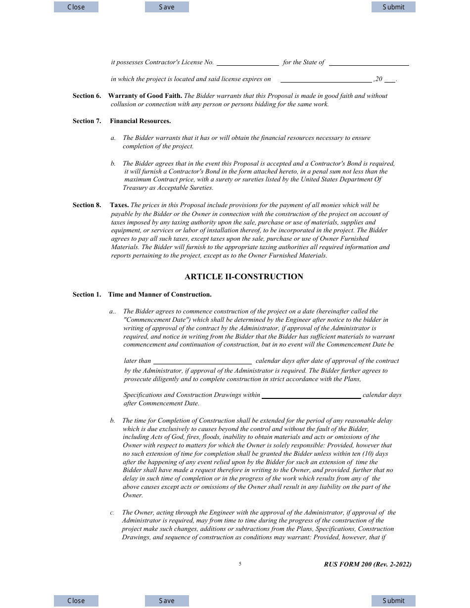 RUS Form 200 Construction Contract Generating, Page 5