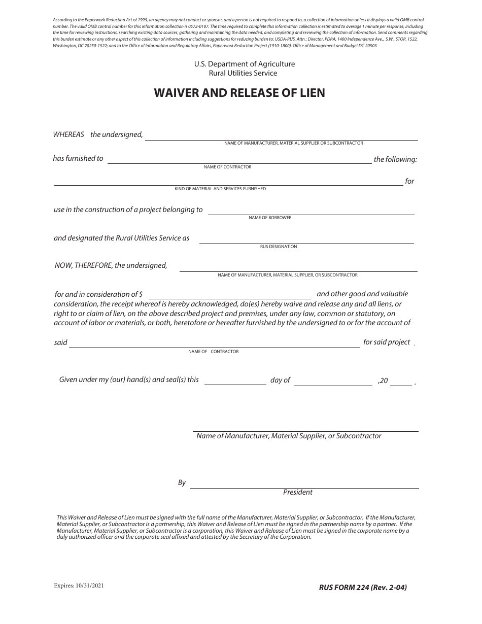 RUS Form 224 Waiver and Release of Lien, Page 1
